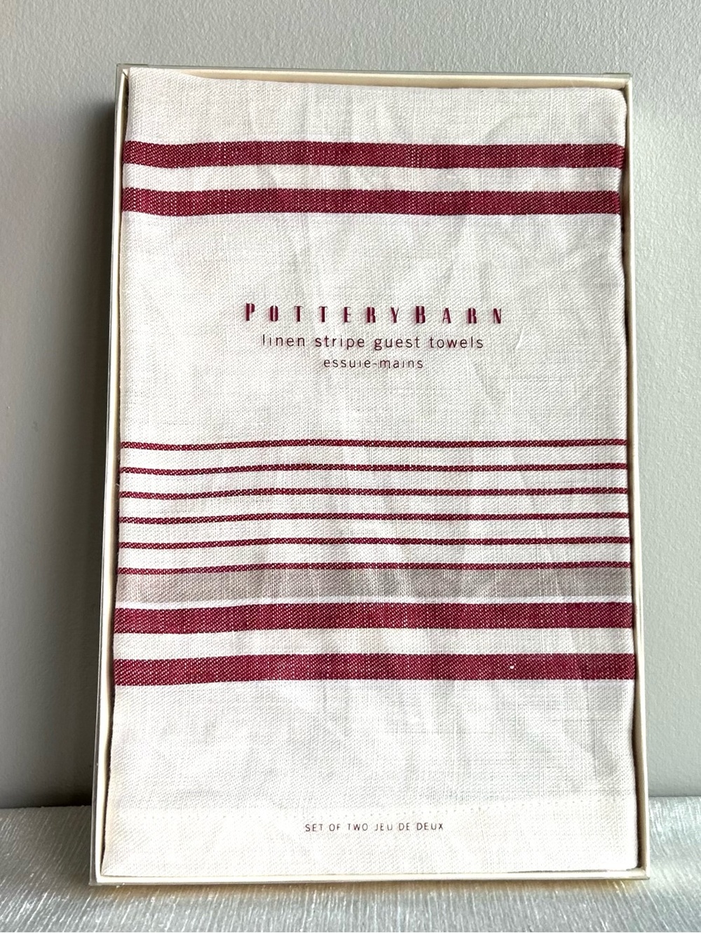 (2) POTTERY BARN linen stripe guest towels set red/white